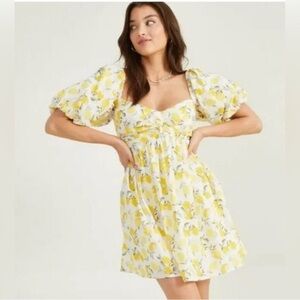 Altar’d State Trixxi Lemon Print Puff Sleeve Babydoll Mini Dress White Yellow L